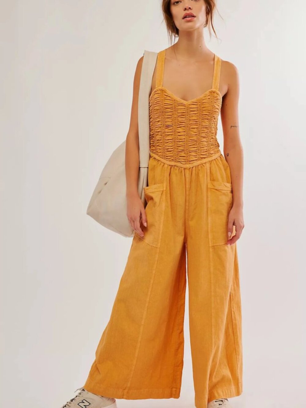 Free People Forever And Always Ruched One-Piece Jumpsuit Orange Wide Leg M